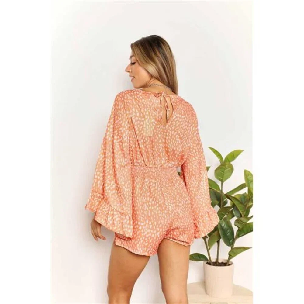 NWT Double Take Printed Flare Sleeve Surplice Romper in Tangerine, Flirty, Fun - Picture 2 of 5